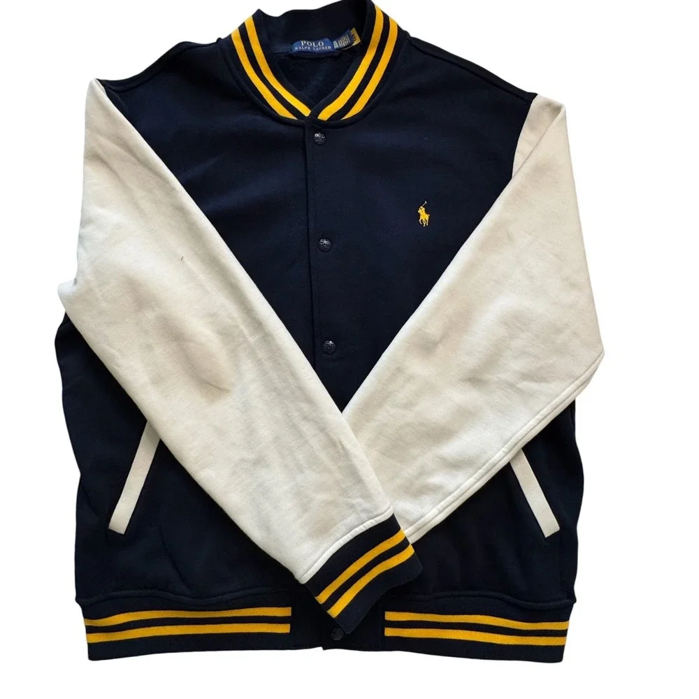 Polo Ralph Lauren Mens Varsity Letterman Jacket Navy Blue Yellow XL Logo Back